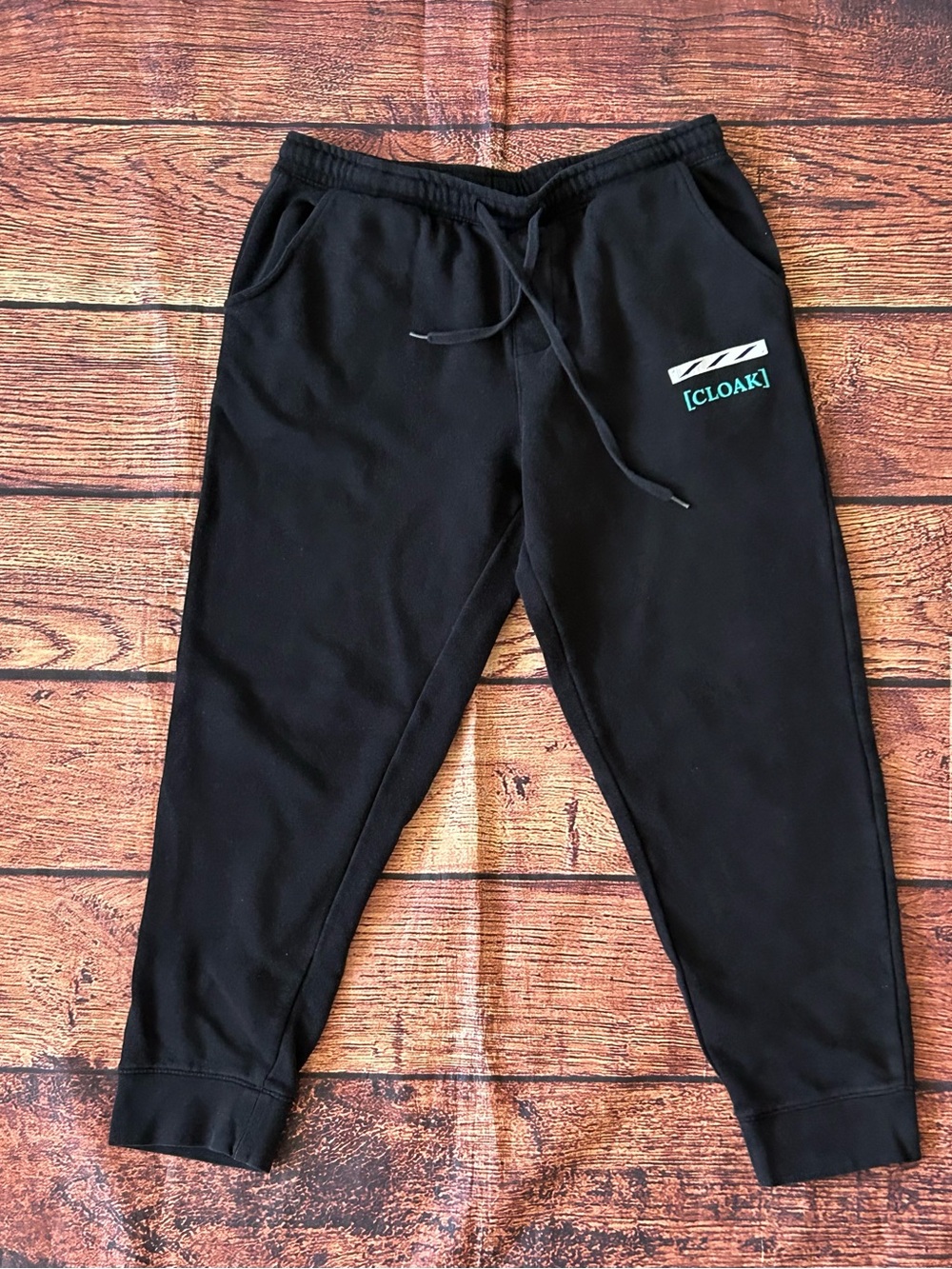 Cloak Brand Black Joggers Sweatpants Size M Cyan Logo White Stripe Graphic